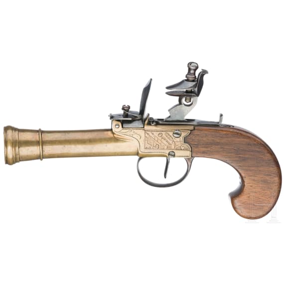 A pair of flintlock pocked pistols with brass blunderbuss barrels, probably from Belgium, circa 1800