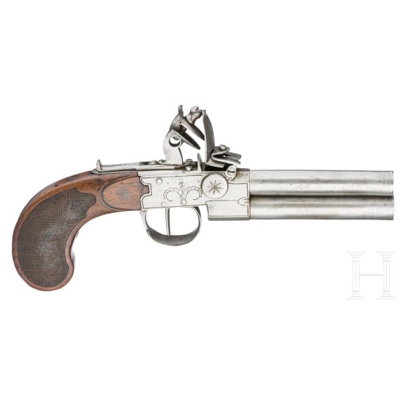 A double-barreled boxlock flintlock pocket pistol, probably Belgian, circa 1800