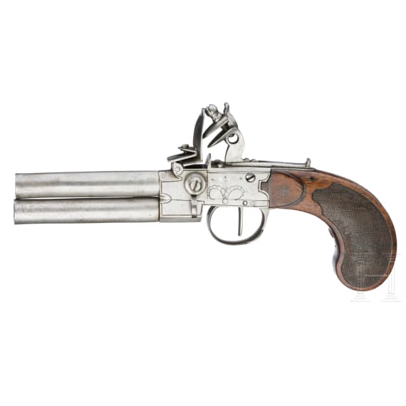 A double-barreled boxlock flintlock pocket pistol, probably Belgian, circa 1800
