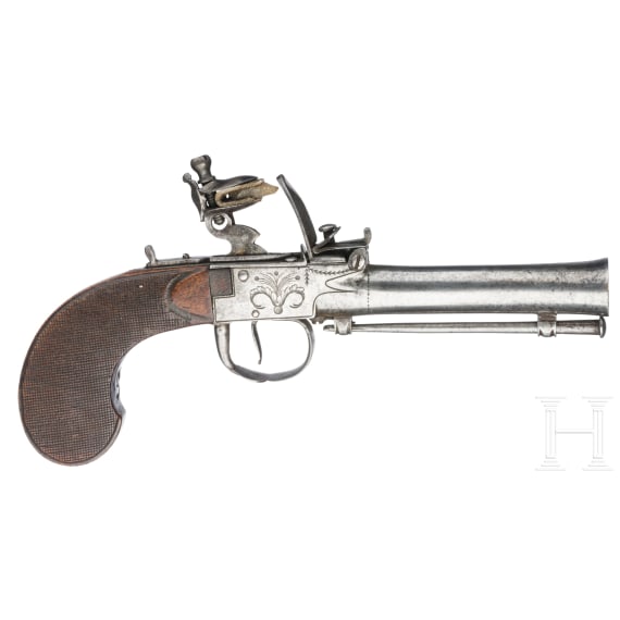 A flintlock pocked pistol with a blunderbuss barrel