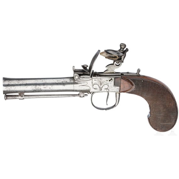 A flintlock pocked pistol with a blunderbuss barrel