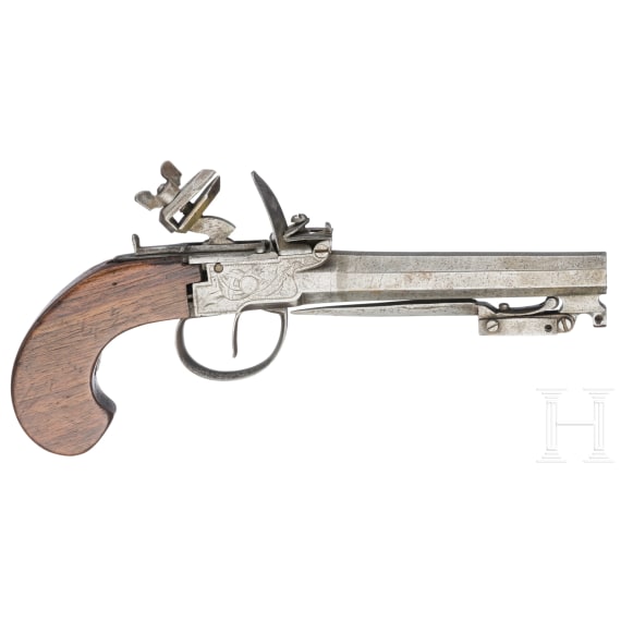 A probably Belgian flintlock pocket pistol with bayonet, circa 1800