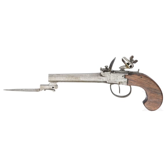 A probably Belgian flintlock pocket pistol with bayonet, circa 1800