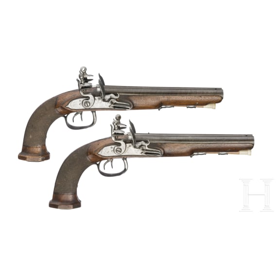 A pair of double-barrelled flintlock pistols, Li&egrave;ge, circa 1810