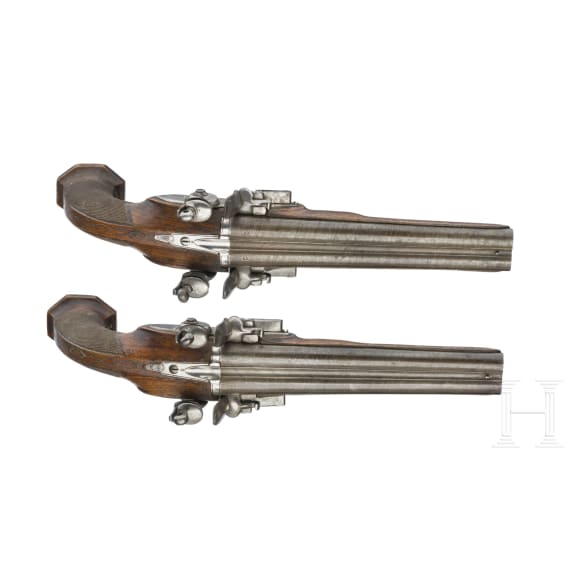 A pair of double-barrelled flintlock pistols, Li&egrave;ge, circa 1810