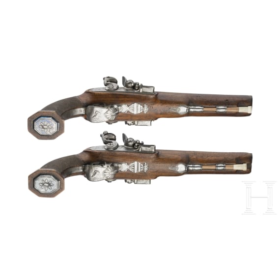 A pair of double-barrelled flintlock pistols, Li&egrave;ge, circa 1810