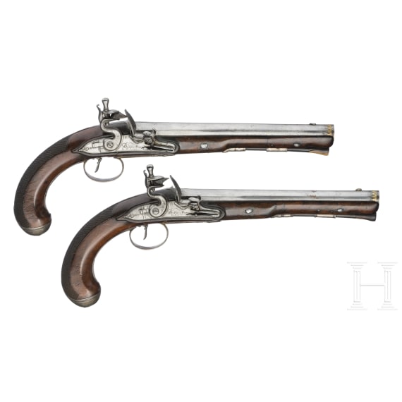 A pair of silver mounted flintlock pistols, Dupr&eacute; in Paris, circa 1820