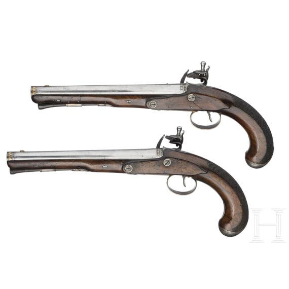 A pair of silver mounted flintlock pistols, Dupr&eacute; in Paris, circa 1820