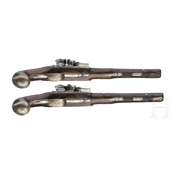 A pair of silver mounted flintlock pistols, Dupr&eacute; in Paris, circa 1820