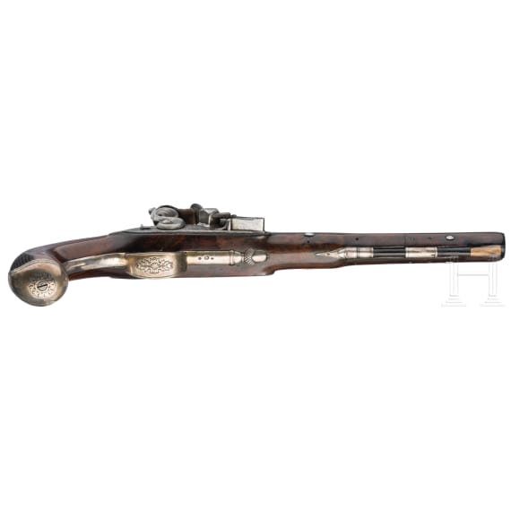 A pair of silver mounted flintlock pistols, Dupr&eacute; in Paris, circa 1820