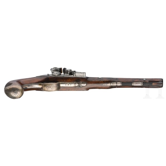 A pair of silver mounted flintlock pistols, Dupr&eacute; in Paris, circa 1820