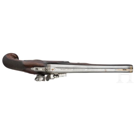 A pair of silver mounted flintlock pistols, Dupr&eacute; in Paris, circa 1820