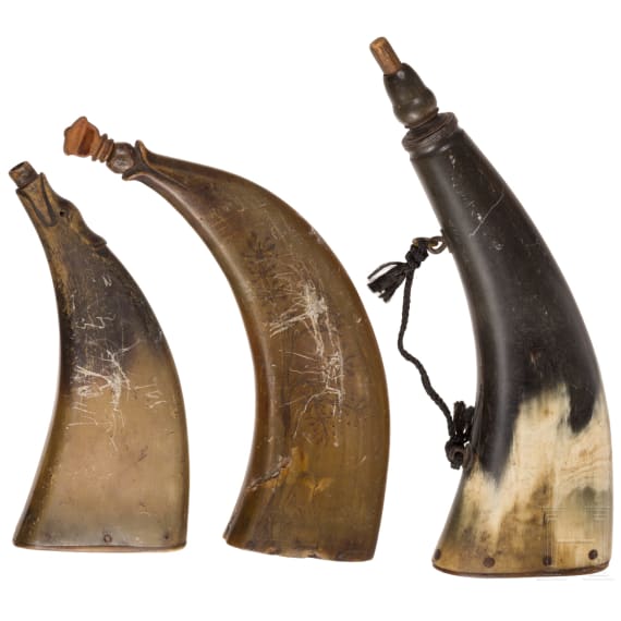 Three German horn powder flasks, mid-18th century