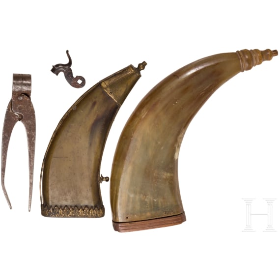 Three German horn powder flasks, early 19th century