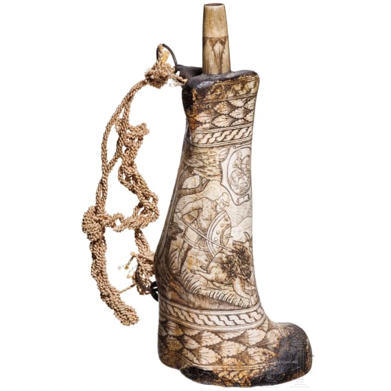 An Italian bone powder flask in Renaissance style, mid 19th century