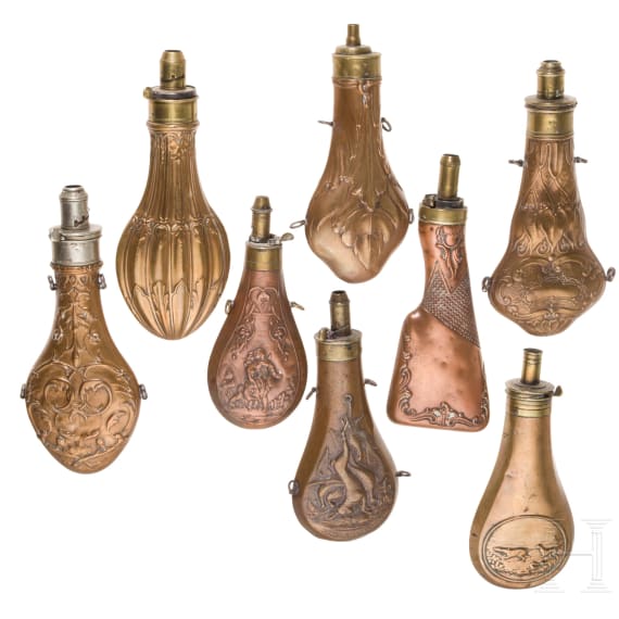 Eight copper powder flasks, three times C&J.W. Hawksley in Sheffield, second half of the 19th century
