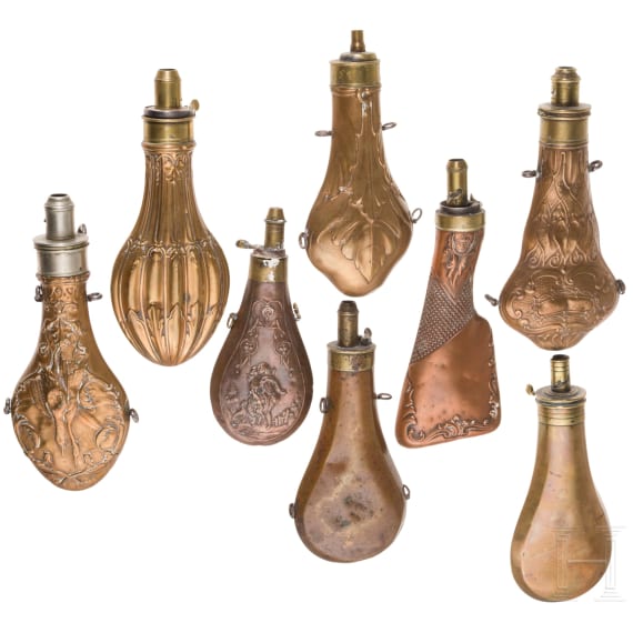 Eight copper powder flasks, three times C&J.W. Hawksley in Sheffield, second half of the 19th century