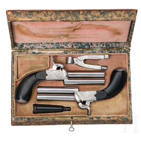 Two over/under percussion pistols, Belgium, ca. 1860