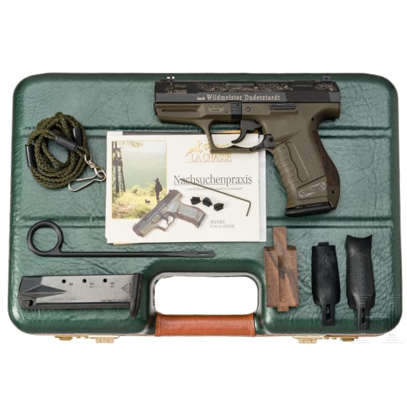 Walther Mod. P 99 &bdquo;La Chasse" nach Wildmeister Duderstaedt, graviert, im Koffer