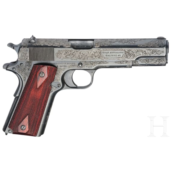 A Colt Government Model, engraved, in case