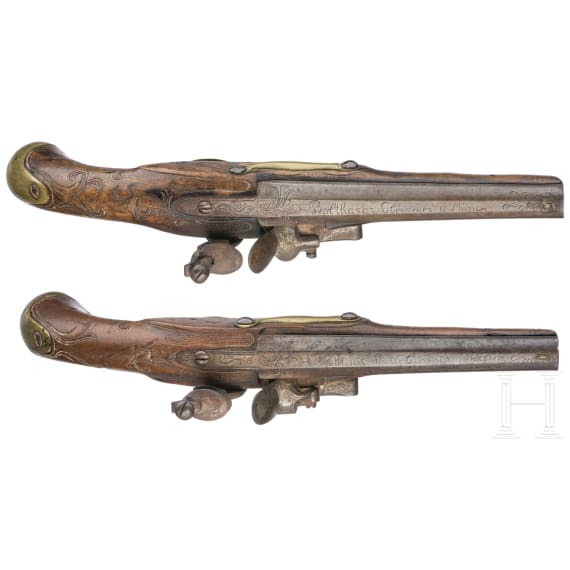 A pair of flintlock cavalryman's pistols with memorial inscription, dated 1817