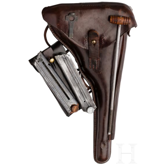 Lange Pistole 08, DWM 1917, mit Tasche und Brett