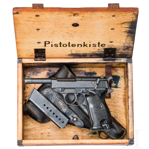 A Spreewerk Mod. P 38, code "cyq", with holster and wooden pistol case