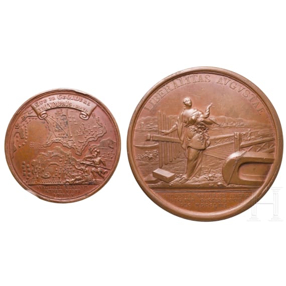 Two commemorative medals for the Battle of Pelkino in 1713 and for the abolition of internal tariffs in Russia in 1753
