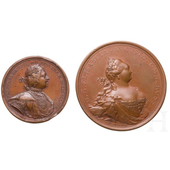 Two commemorative medals for the Battle of Pelkino in 1713 and for the abolition of internal tariffs in Russia in 1753