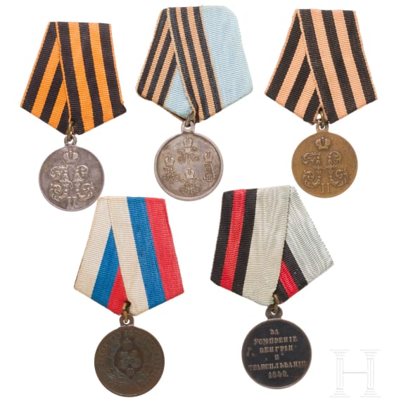 Group of five Russian medals, from 1849 onwards