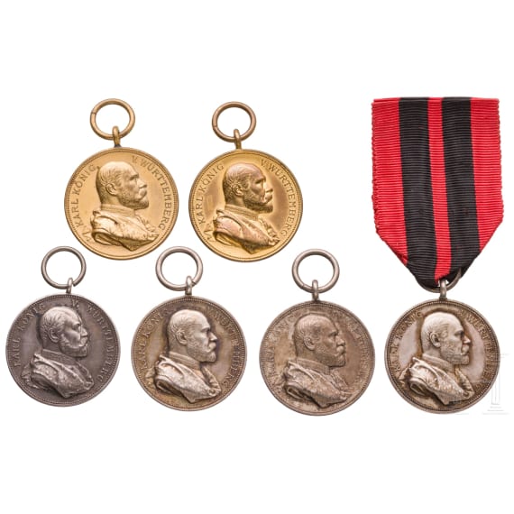 Four silver and two bronze commemorative medals marking the 25th anniversary of King Karl's reign, 1889