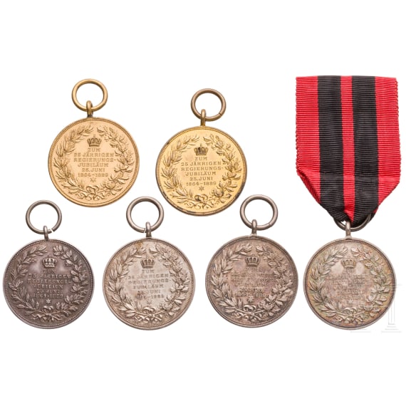 Four silver and two bronze commemorative medals marking the 25th anniversary of King Karl's reign, 1889