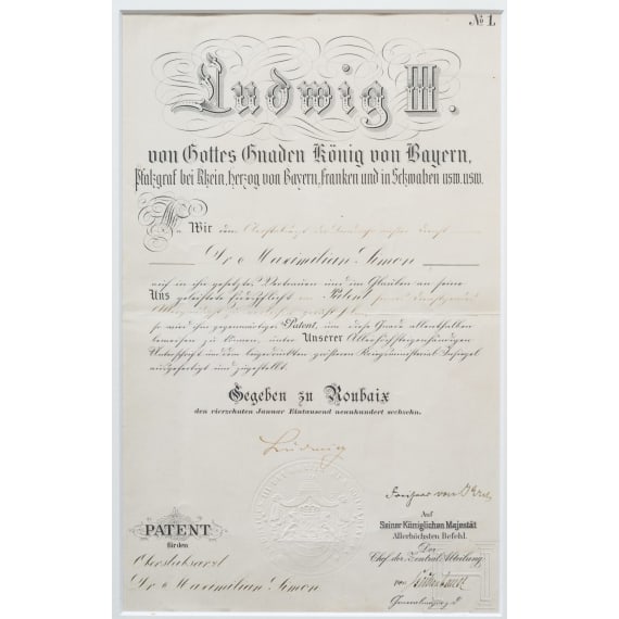Zwei Patente f&uuml;r den Milit&auml;rarzt Dr. Maximilian Simon, datiert 1891 und 1916