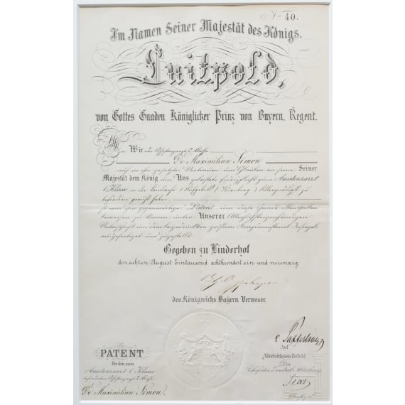 Zwei Patente f&uuml;r den Milit&auml;rarzt Dr. Maximilian Simon, datiert 1891 und 1916