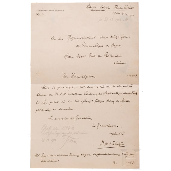 Wilhelm Conrad R&ouml;ntgen (1845 - 1923) - eigenh&auml;ndiger und signierter Brief an das Hofmarschallamt des Prinzen Alfons von Bayern 1912