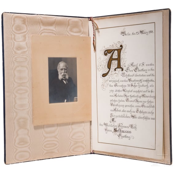 Wirklich Geheimer Rat Wilhelm Selkmann (1818 - 1913) - Schmuckurkunde des Bundesrates zur Verabschiedung des Oldenburger Vertreters zum 1. April 1901