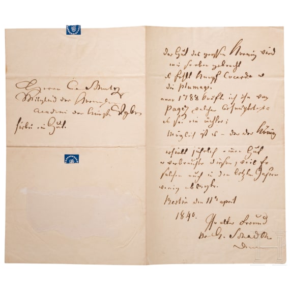 Johann Gottfried Schadow (1764 - 1850) - eigenh&auml;ndiger und signierter Brief 1840 - &bdquo;Der Hut des grossen Koenig wird mir soeben gebracht"
