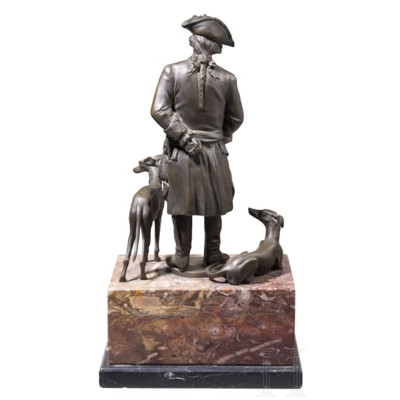 Friedrich der Gro&szlig;e mit seinen Windspielen - dreiteilige Bronzeskulptur