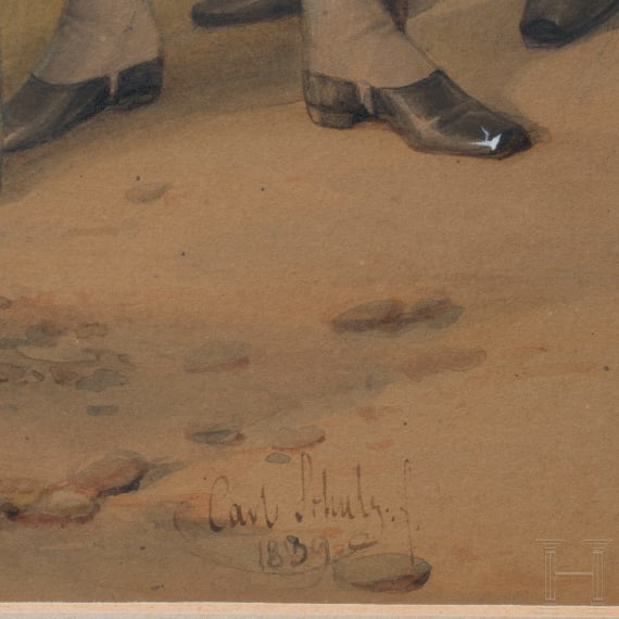 Karl Friedrich Schulz - Aquarellierte Zeichnung mit altpreu&szlig;ischer Infanterie, datiert 1839