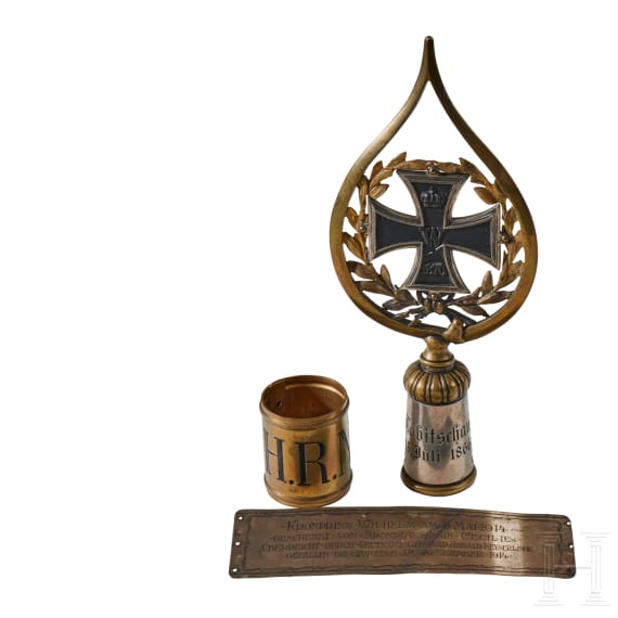 Preu&szlig;ische Standartenspitze, Fahnenring und Pr&auml;sentationsplakette f&uuml;r das Husaren-Regiment 1
