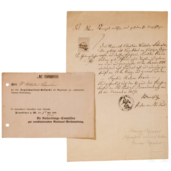 Legitimationsurkunde eines Abgeordneten der Frankfurter Nationalversammlung 1848 und zugeh&ouml;rige Taufbescheinigung
