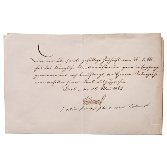 Otto F&uuml;rst von Bismarck (1815 - 1898) - eigenh&auml;ndig signiertes Schreiben an den B&uuml;rgermeister von Herford 1863