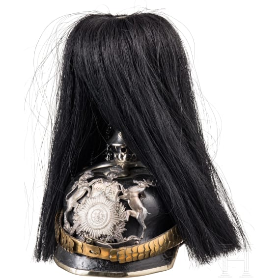 Helm f&uuml;r Mannschaften im Dragoner-Regiment K&ouml;nig (2. W&uuml;rttembergisches) Nr. 26 mit Paradebusch