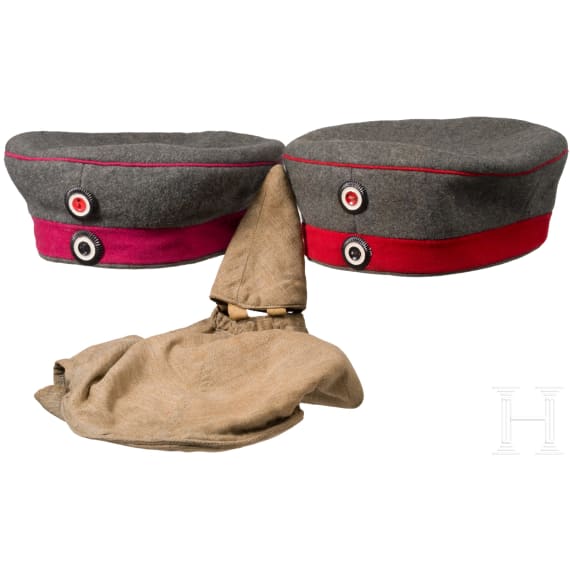 Two field grey field caps and a field grey cover