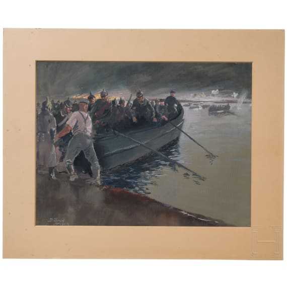 Aquarell mit Fluss&uuml;berquerung preu&szlig;ischer Truppen im Ersten Weltkrieg