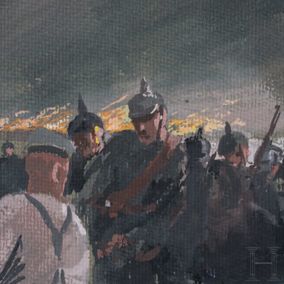 Aquarell mit Fluss&uuml;berquerung preu&szlig;ischer Truppen im Ersten Weltkrieg