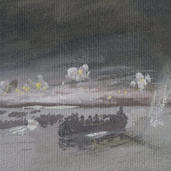 Aquarell mit Fluss&uuml;berquerung preu&szlig;ischer Truppen im Ersten Weltkrieg
