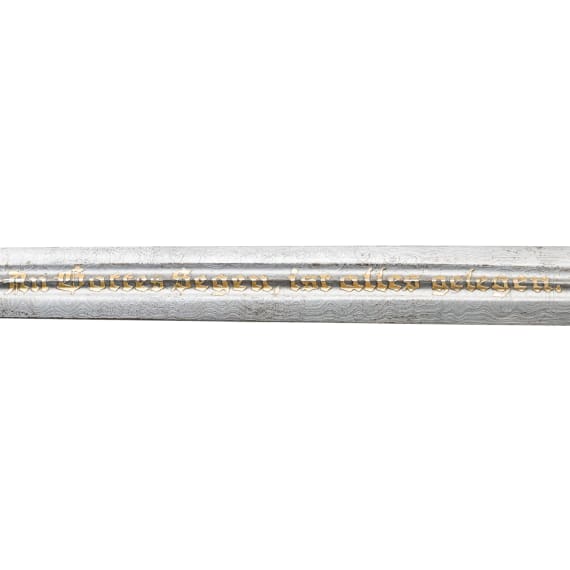 A dagger for officers of the Imperial Navy, with a damask blade and a gold inscription reading "1917. Dr Alfred Middell. 1935."
