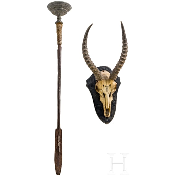 Fetischstab der Bakundu in Kamerun und Springbock-Troph&auml;e aus Deutsch-S&uuml;dwestafrika