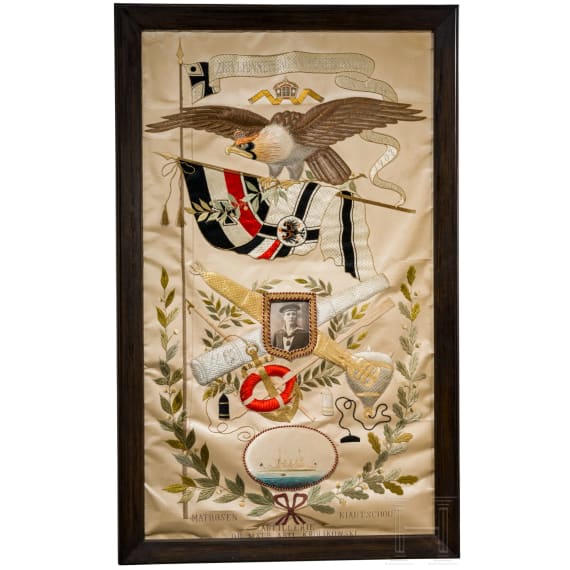 A large silk China-embroidery picture, military service record, and certificate belonging to artilleryman Theodor Krolikowski, 1903&ndash;1906